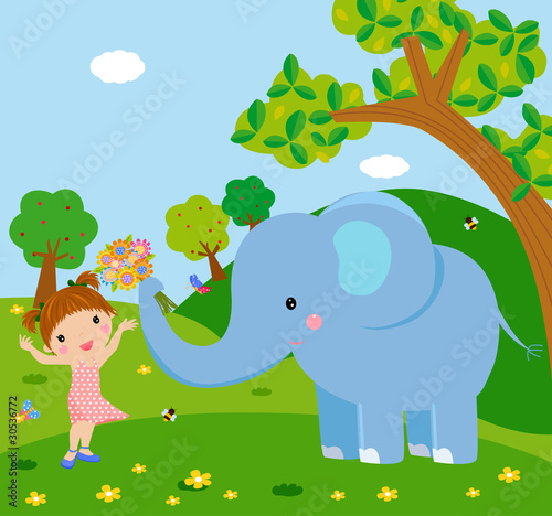 Fototapeta Naklejka Na Ścianę i Meble -  a elephant holding flower to a cute girl