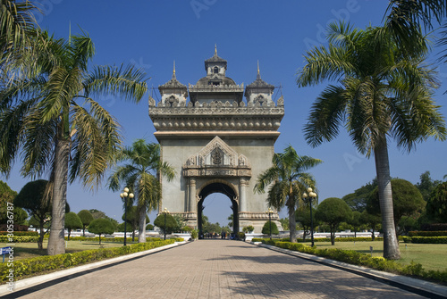 view of patuxai arch in vientiane, laos, asia