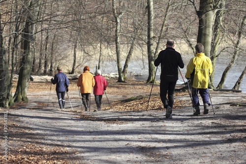 Gruppe beim Nordic Walking im Wald photo