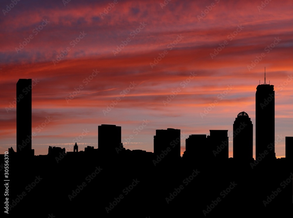 Boston skyline at sunset with beautiful sky illustration