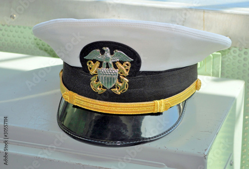 U.S. Navy Officer Cap on the Bridge of a Modern Warship.