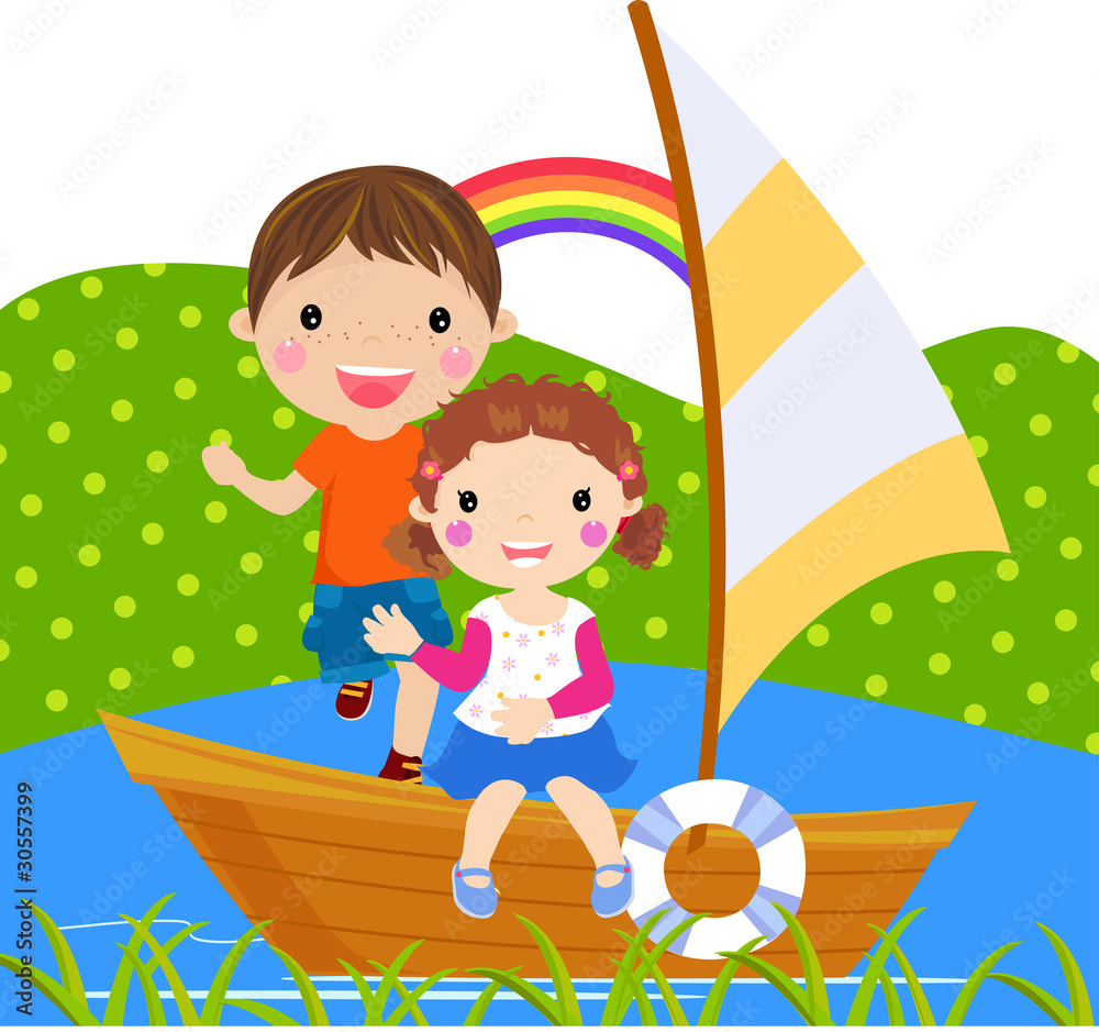Fototapeta premium boy and girl sailing on lake