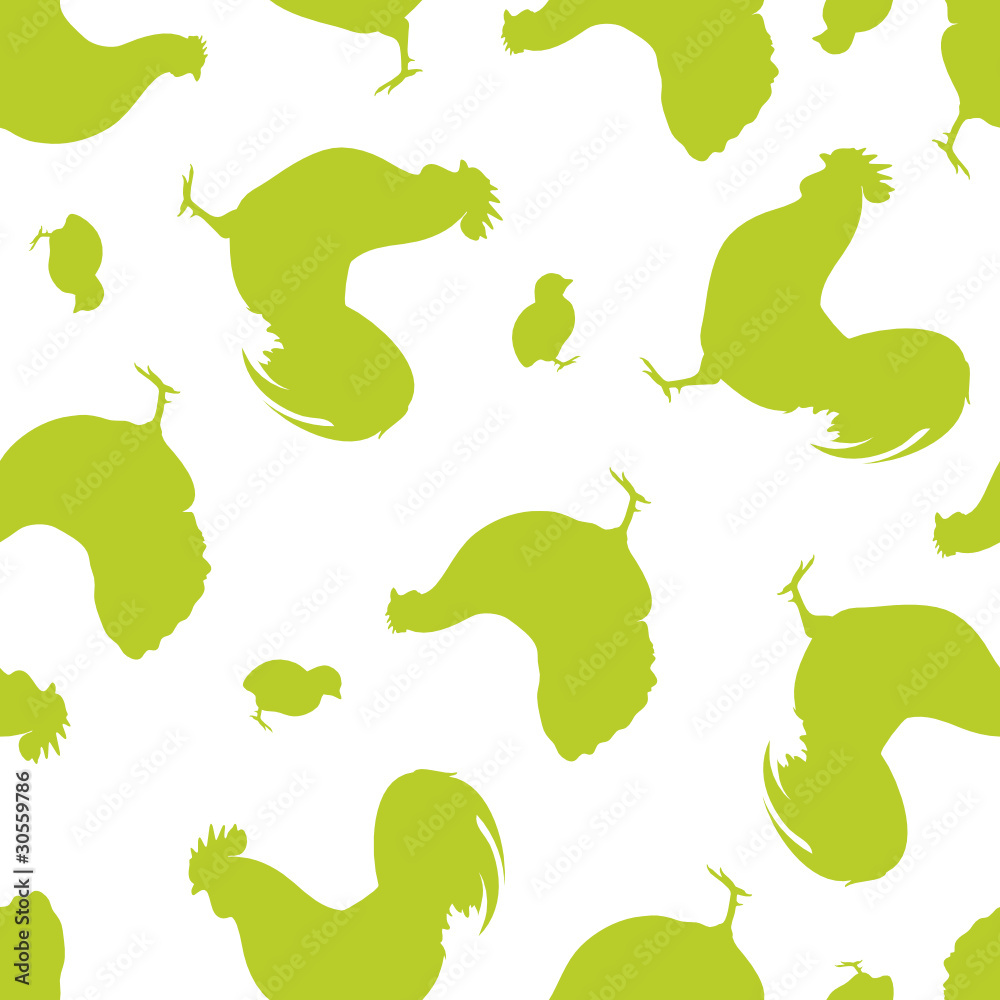 Seamless Pattern Rooster, Hen & Chick Green