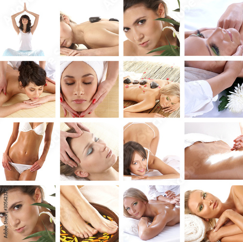 A collage of spa treatment images with young and sexy women