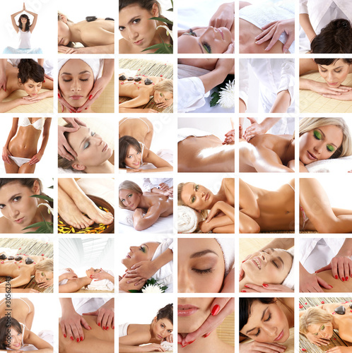 A collage of spa treatment images with young and sexy women