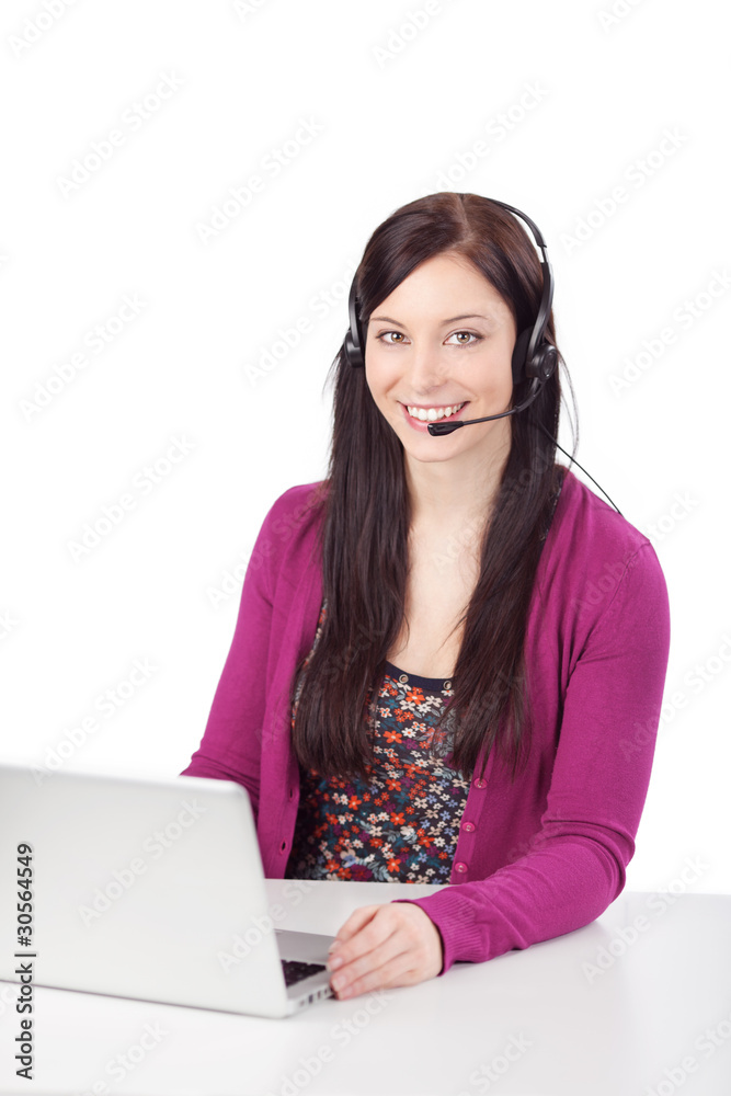 sympathische frau mit headset und laptop sympathische frau mit headset und laptop