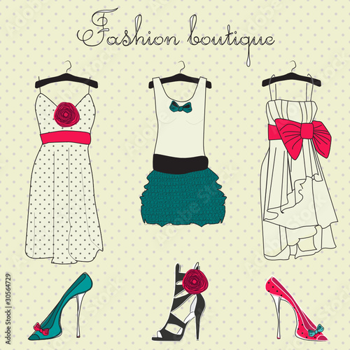 Fashion boutique set, stylized doodles