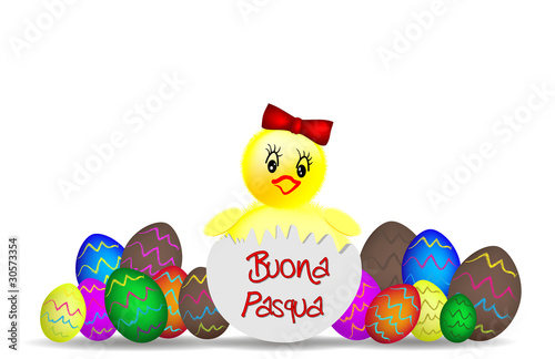 Illustrazione con Pulcino e ovetti decorati