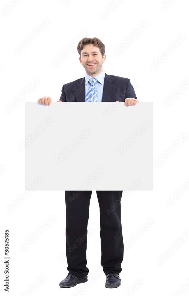 Businessman holding a banner ad isolated on white Businessman holding a banner ad isolated on white