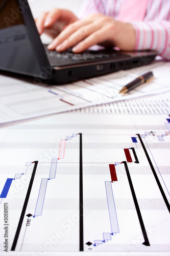 Project Gantt chart with laptop being used in background