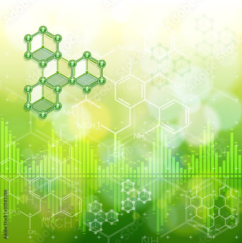 ecology background: chemical formulas, digital wave & green boke