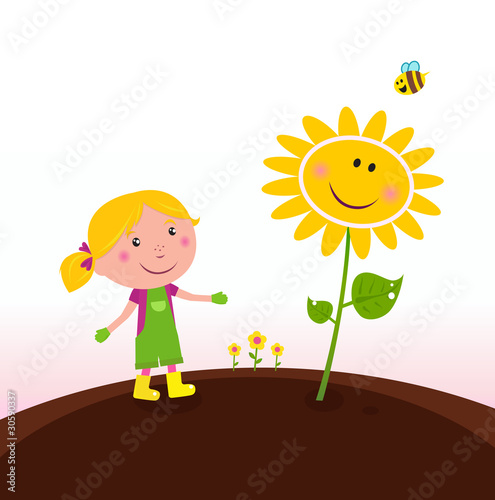 Spring gardening : Gardener child in the garden. Vector