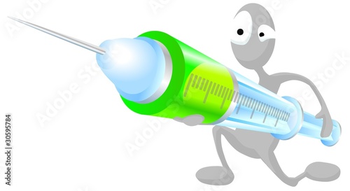Grey man holds syringe filled with green medication.