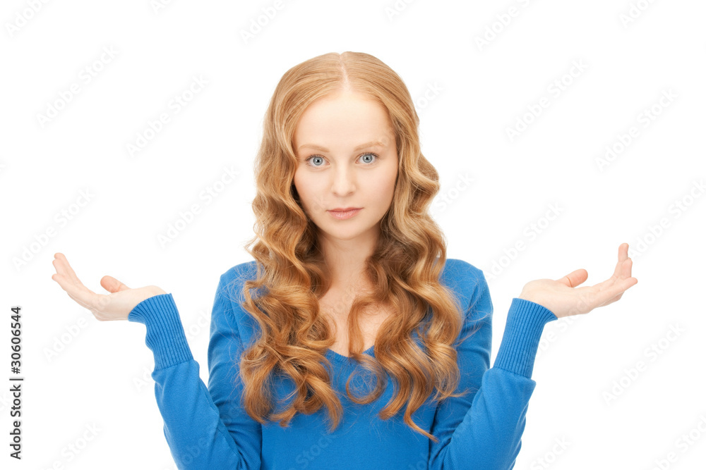 сlueless woman shrugging helpless with her shoulders сlueless woman shrugging helpless with her shoulders