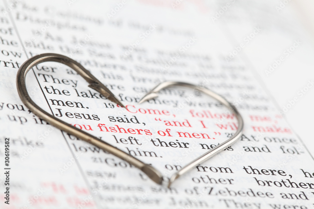 Naklejka premium Fishing hooks on Matthew 4:19 - fishers of men