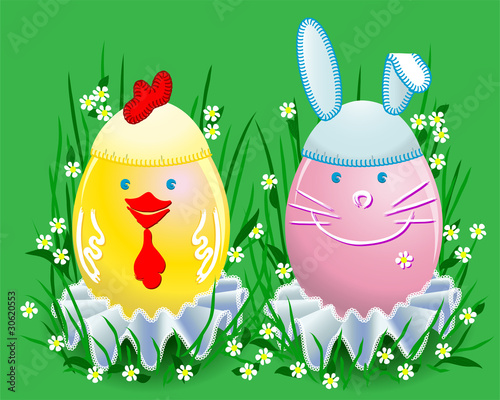 Funny Easter colored eggs in the form of a rabbit and chicken