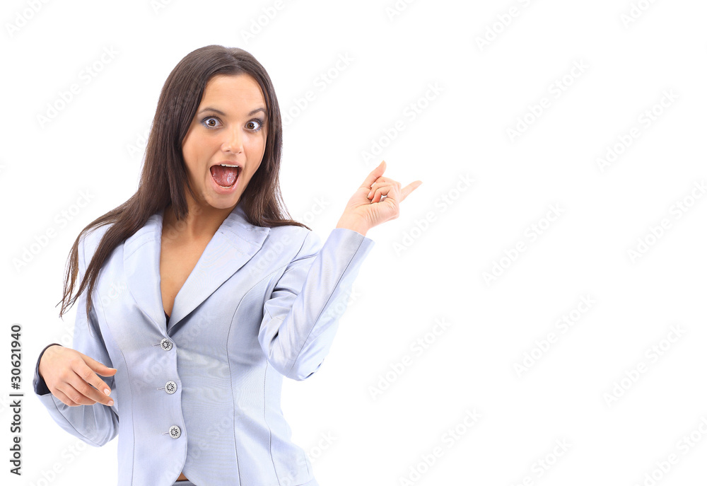 young pretty woman pointing isolated on white young pretty woman pointing isolated on white