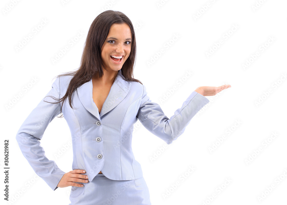 Young attractive woman holds palm for blank ad space Young attractive woman holds palm for blank ad space