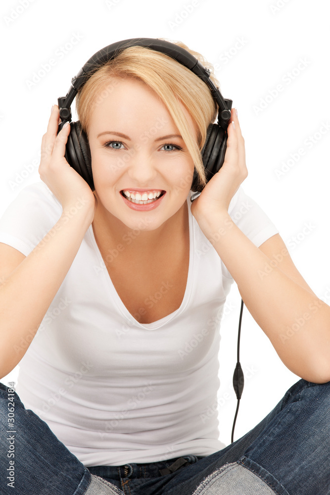 happy teenage girl in big headphones happy teenage girl in big headphones