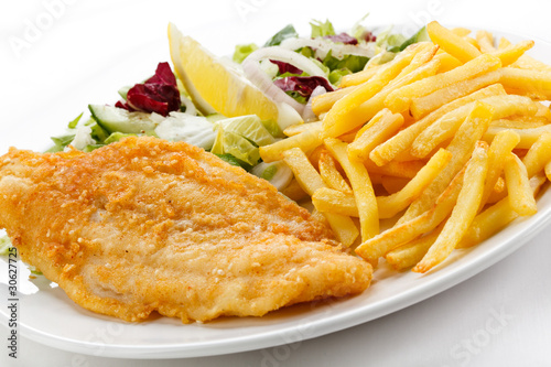 Photography Fish dish - fried fish fillet, French fries  with vegetables