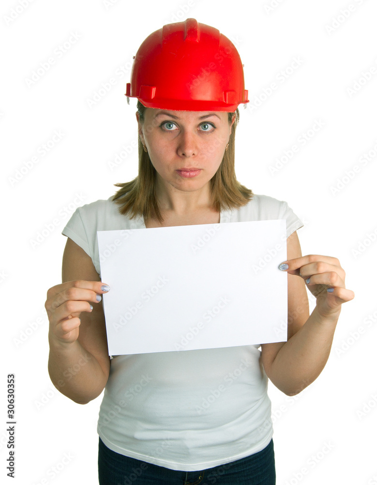 women in a red building helmet holding a sheet of paper women in a red building helmet holding a sheet of paper