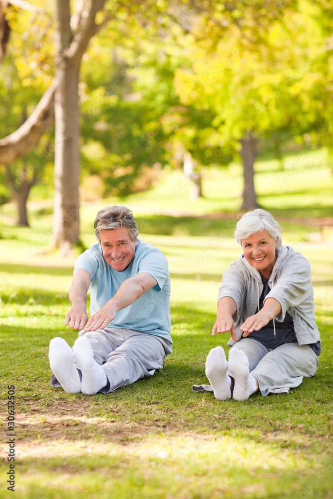 Elderly couple doing their stretches in the park Elderly couple doing their stretches in the park