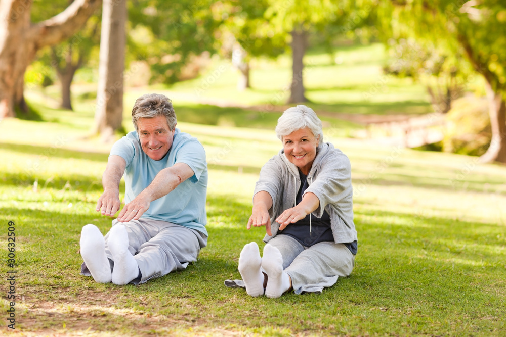 Elderly couple doing their stretches in the park Elderly couple doing their stretches in the park