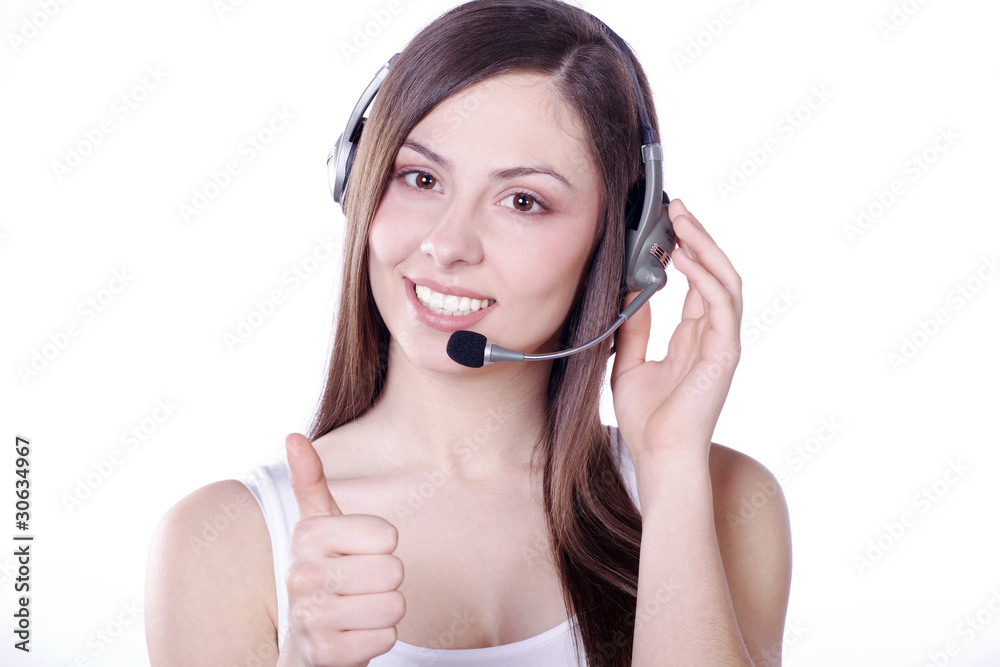 Model Frau Gesicht mit Headset mit Daumen hoch Porträt Model Frau Gesicht mit Headset mit Daumen hoch Porträt