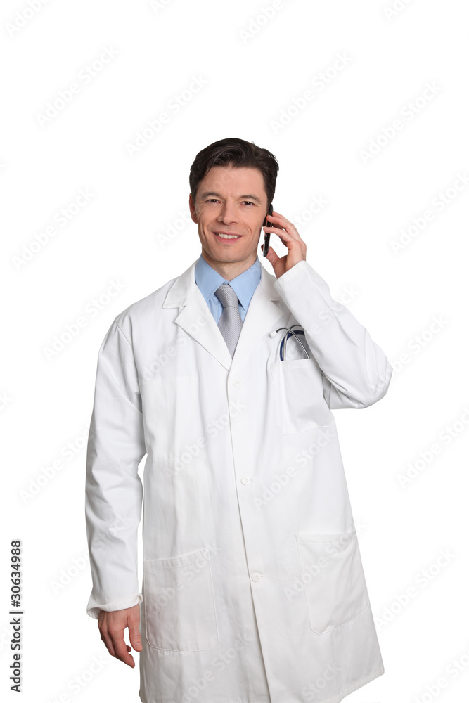 Doctor standing on white background with telephone Doctor standing on white background with telephone