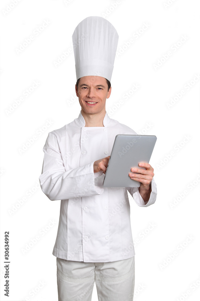 Chef standing on white background with electronic tablet Chef standing on white background with electronic tablet