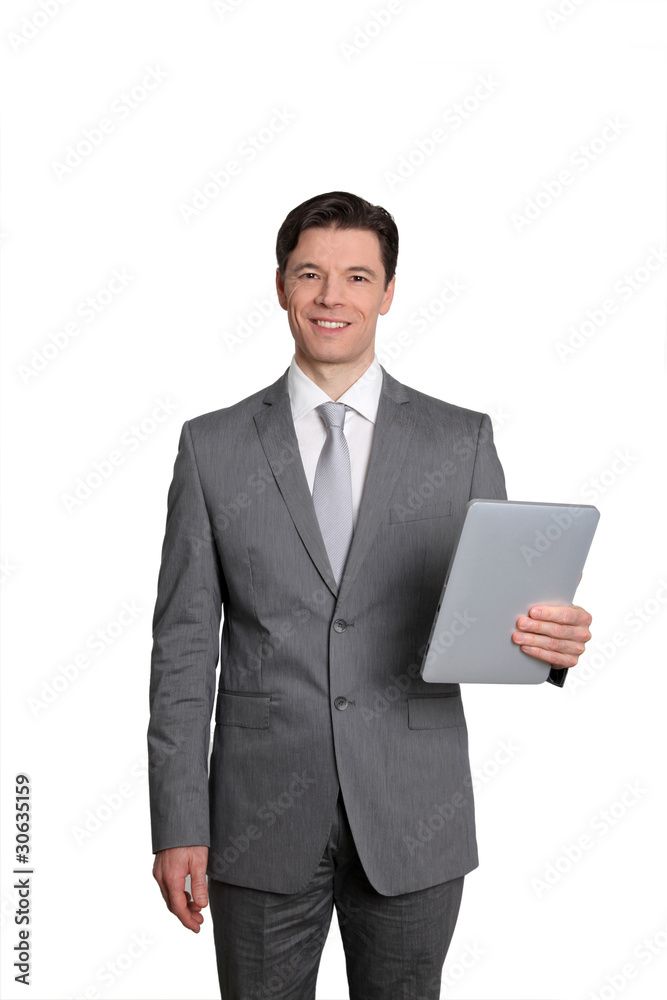 Businessman standing on white background with touchpad Businessman standing on white background with touchpad