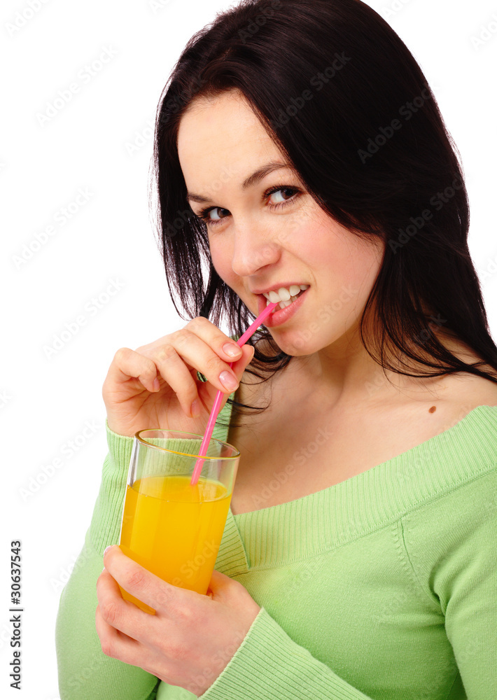 Young attractive woman drinks orange juice Young attractive woman drinks orange juice