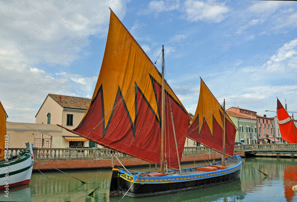 Cesenatico harbor, antique fishing sailing boats