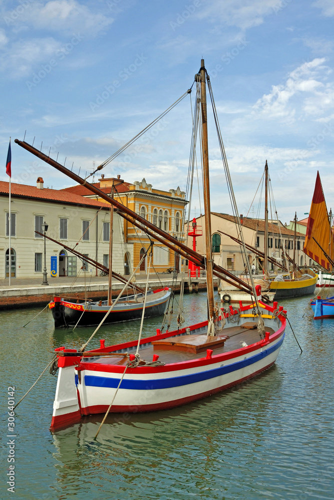 Italy Cesenatico harbor, antique fishing sailing boats