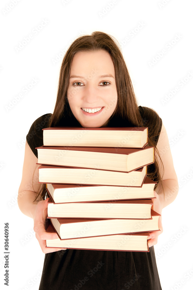 Junge Studentin mit einem Stapel Büchern Junge Studentin mit einem Stapel Büchern
