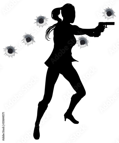Woman action hero in gun fight silhouette