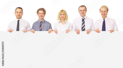 group of business people holding a banner ad isolated