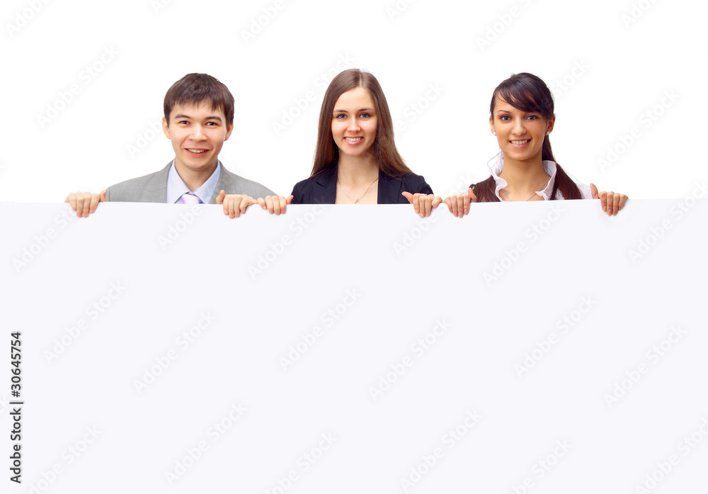 group of business people holding a banner ad isolated group of business people holding a banner ad isolated