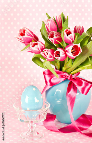 Wallpaper Mural spring tulip flowers with ceramic easter egg Torontodigital.ca