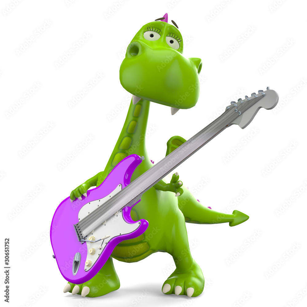 Obraz premium dino baby green glossy dragon in guitar hero
