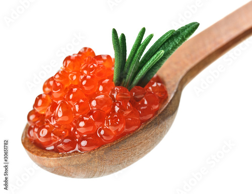 Red salmon caviar heap in wooden spoon with rosemary leaf photo