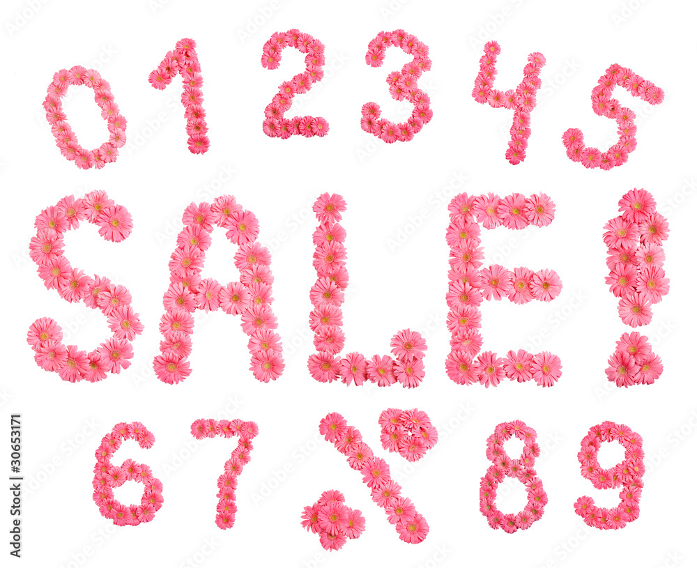 Sale and numbers's set of pink flowers.