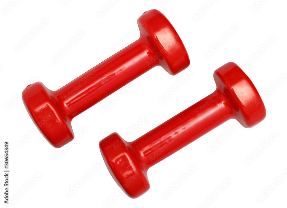 Two red dumbbells isolated over white background