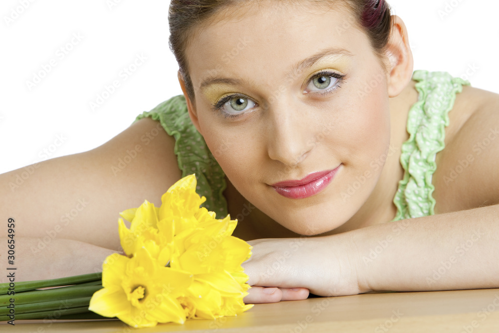 portrait of youg woman with daffodils portrait of youg woman with daffodils