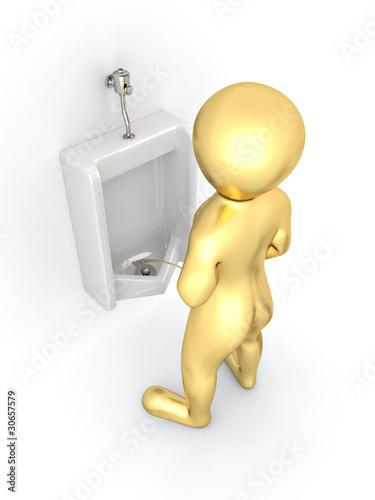 Men with urinal ob white isolated background photo