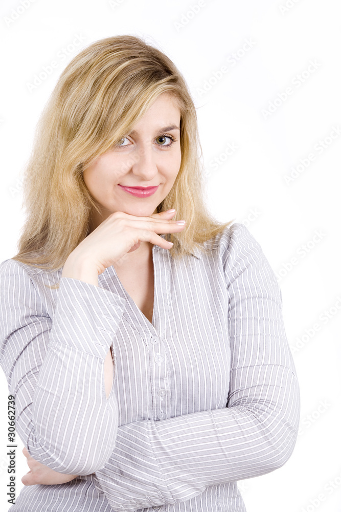 businesswoman with hand under her chin businesswoman with hand under her chin