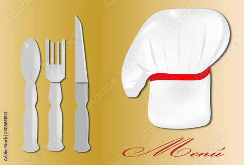 Fondo con gorro de cocinero y cubiertos