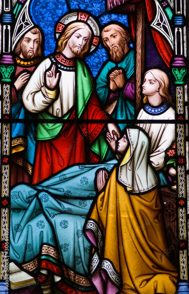 Jesus healing stained glass window