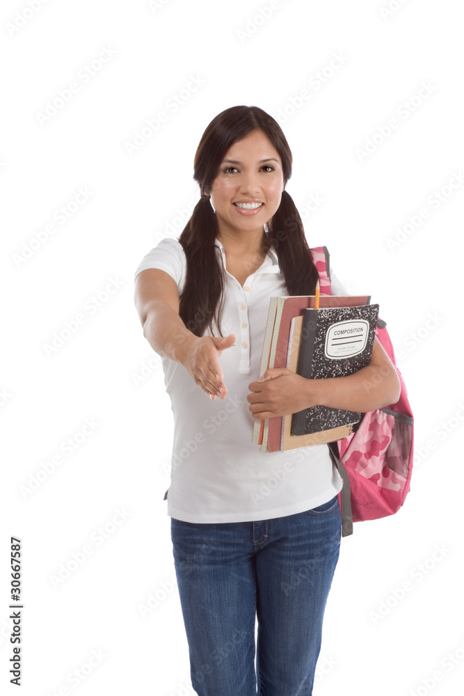 friendly greeting Hispanic College student friendly greeting Hispanic College student