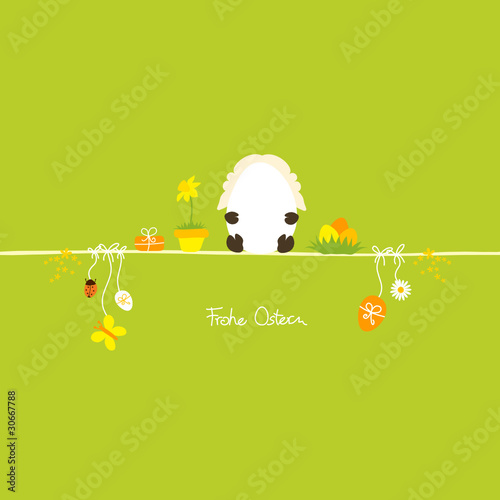 Osterlamm hält Osterei & Symbole